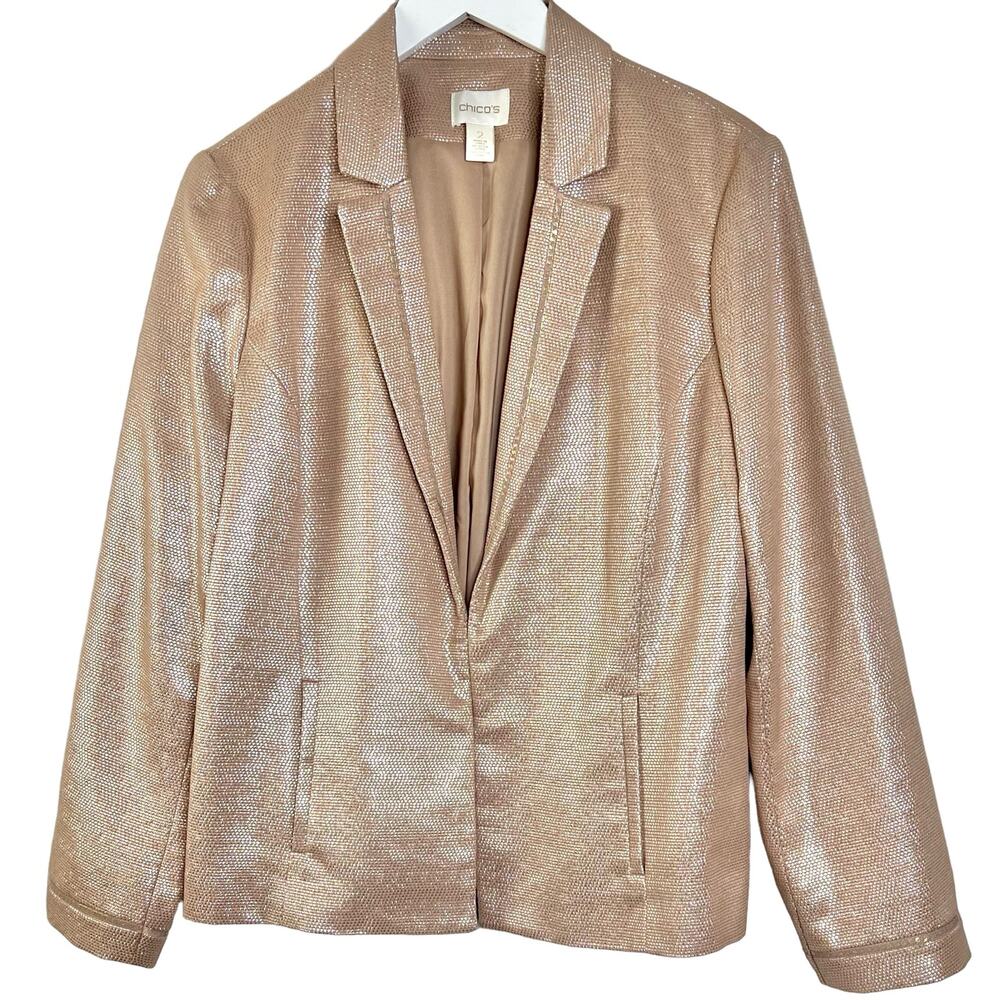 Chico's Size 2 Glimmering Blush Jacket Womens Size 12 Rose Gold Pink Blazer